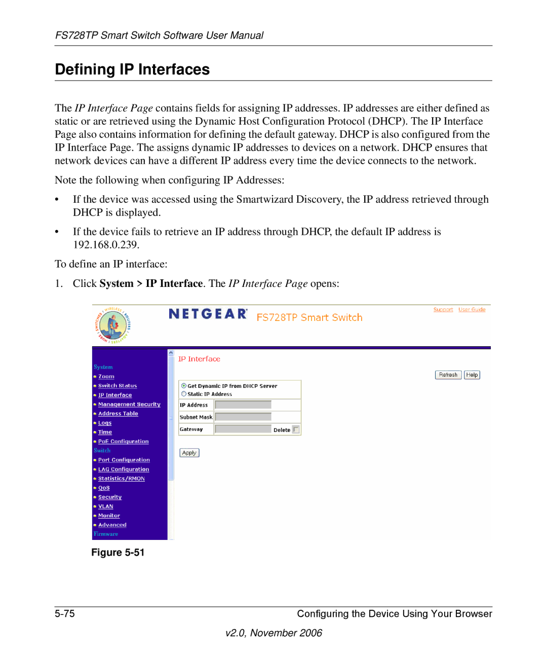 NETGEAR FS728TP manual Defining IP Interfaces, Click System IP Interface. The IP Interface Page opens 