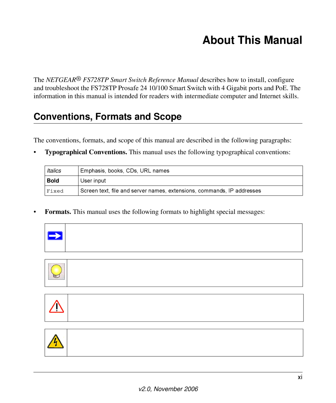 NETGEAR FS728TP manual About This Manual, Conventions, Formats and Scope 