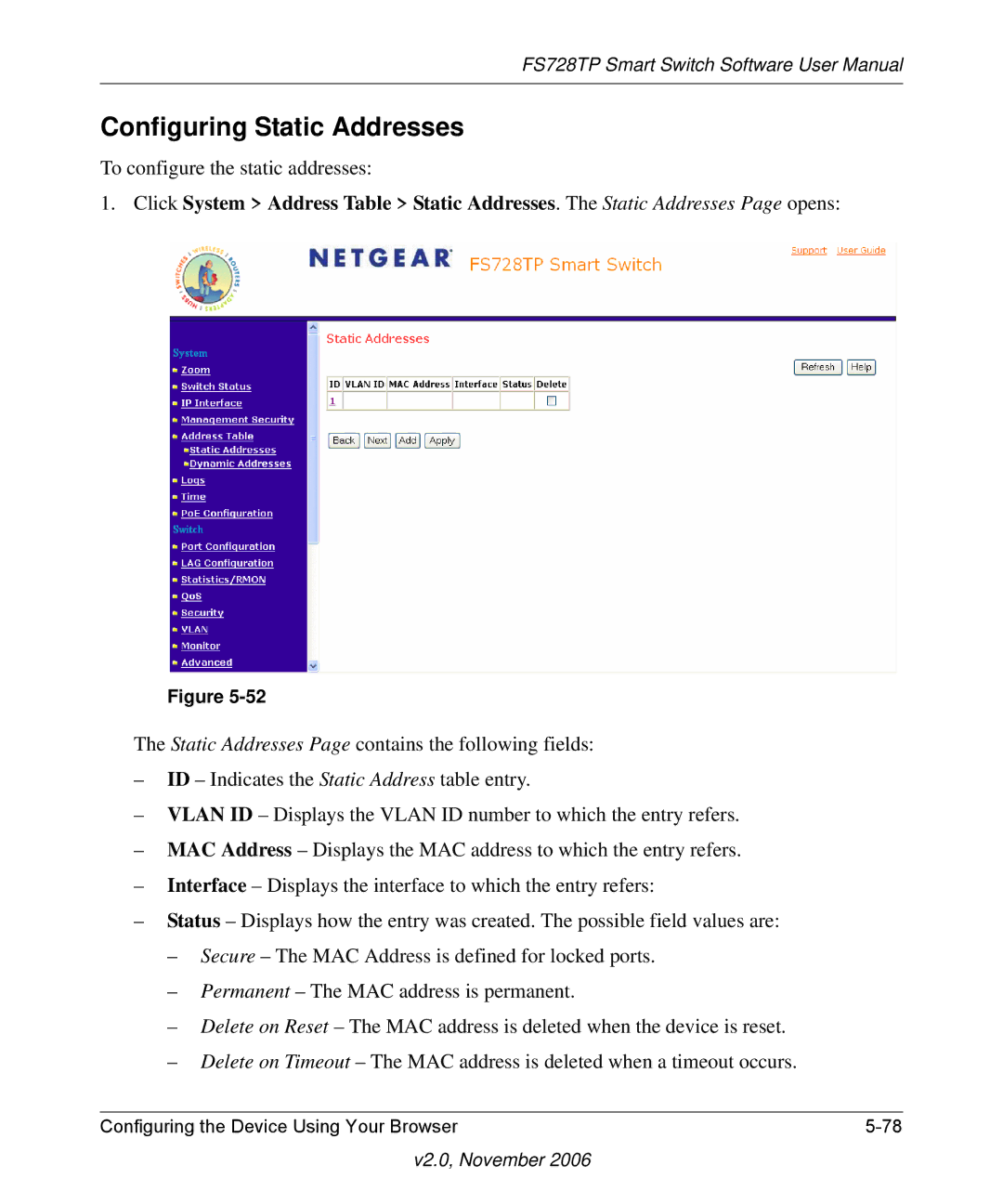 NETGEAR FS728TP manual Configuring Static Addresses 