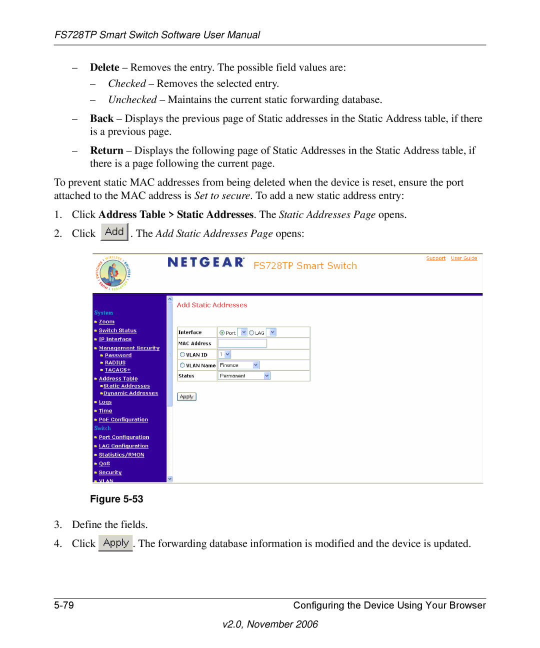 NETGEAR FS728TP manual Click . The Add Static Addresses Page opens 