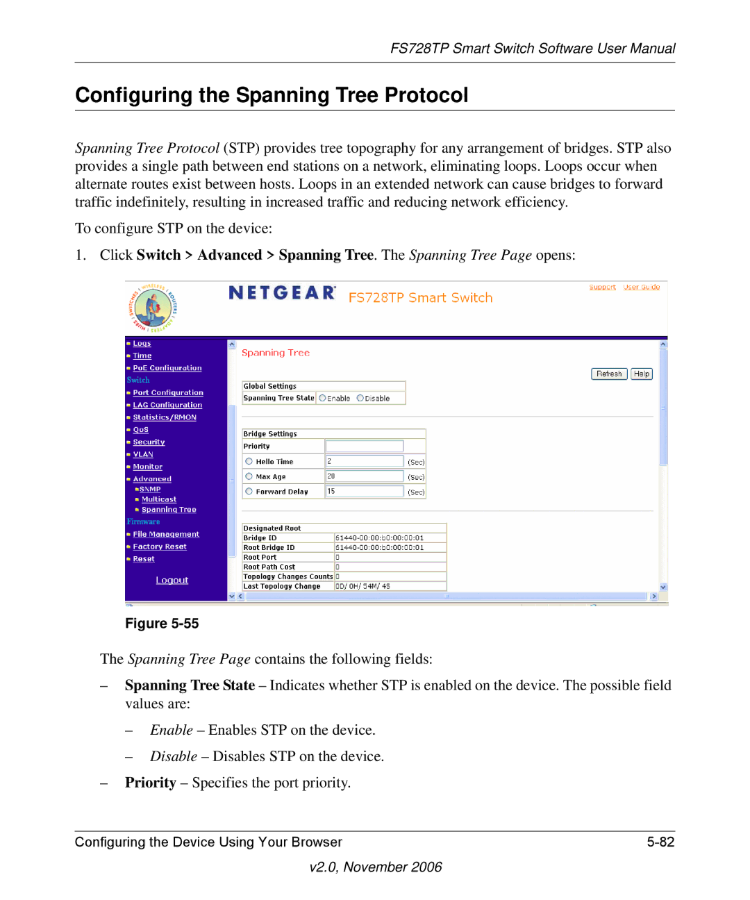 NETGEAR FS728TP manual Configuring the Spanning Tree Protocol 