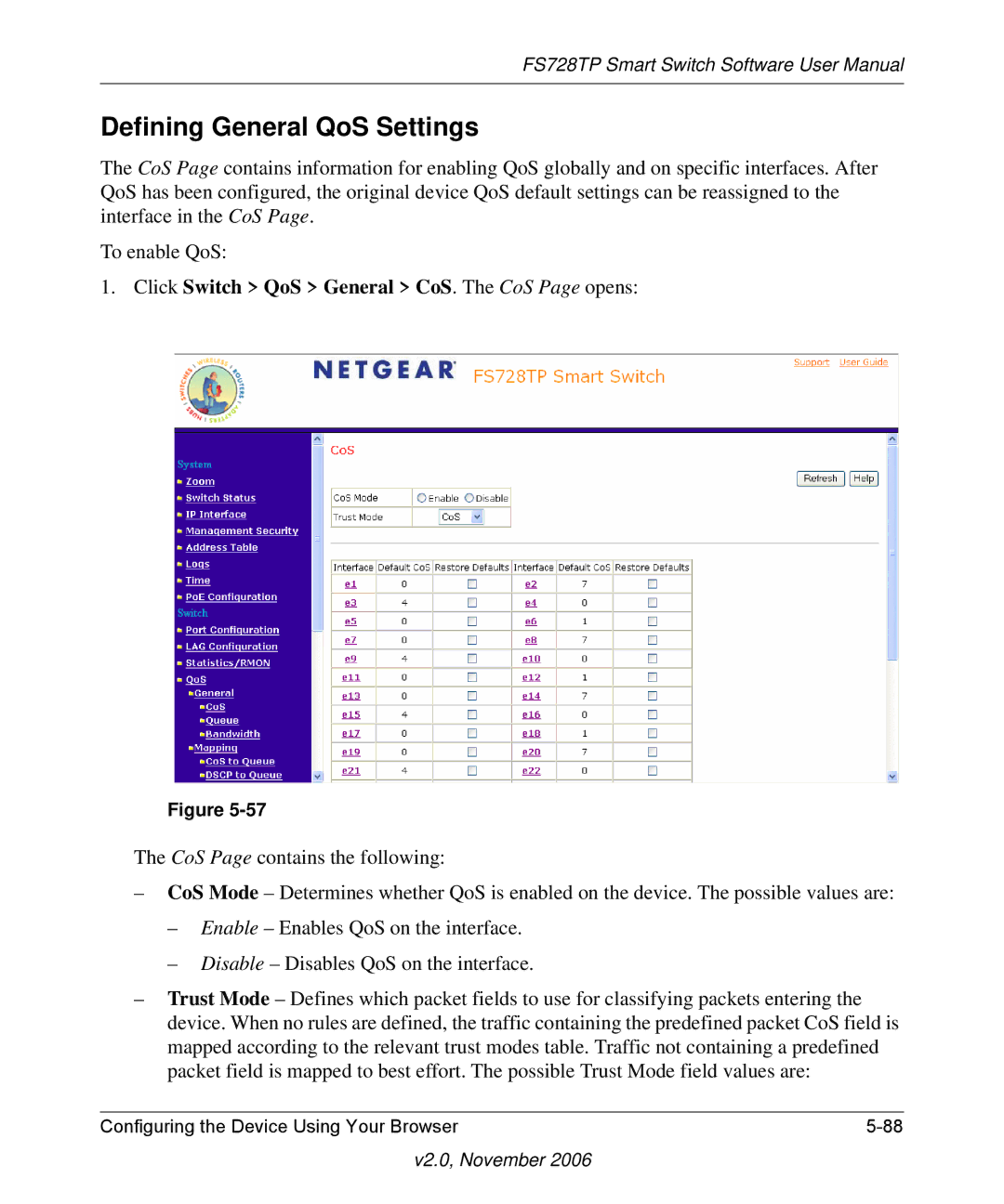 NETGEAR FS728TP manual Defining General QoS Settings, Click Switch QoS General CoS. The CoS Page opens 