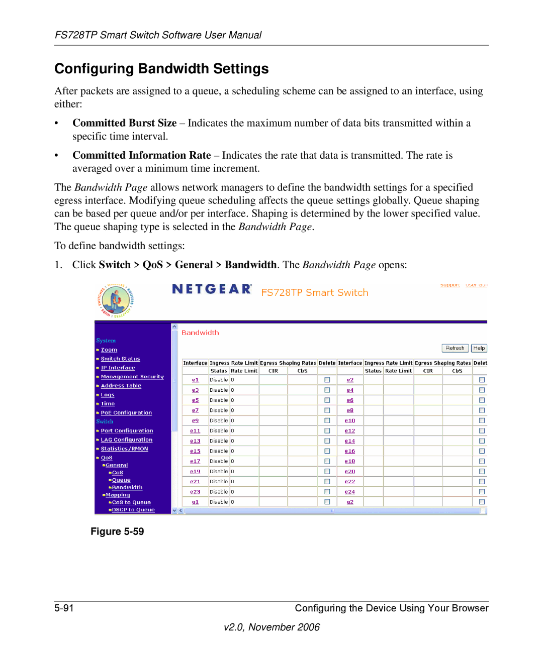 NETGEAR FS728TP manual Configuring Bandwidth Settings 