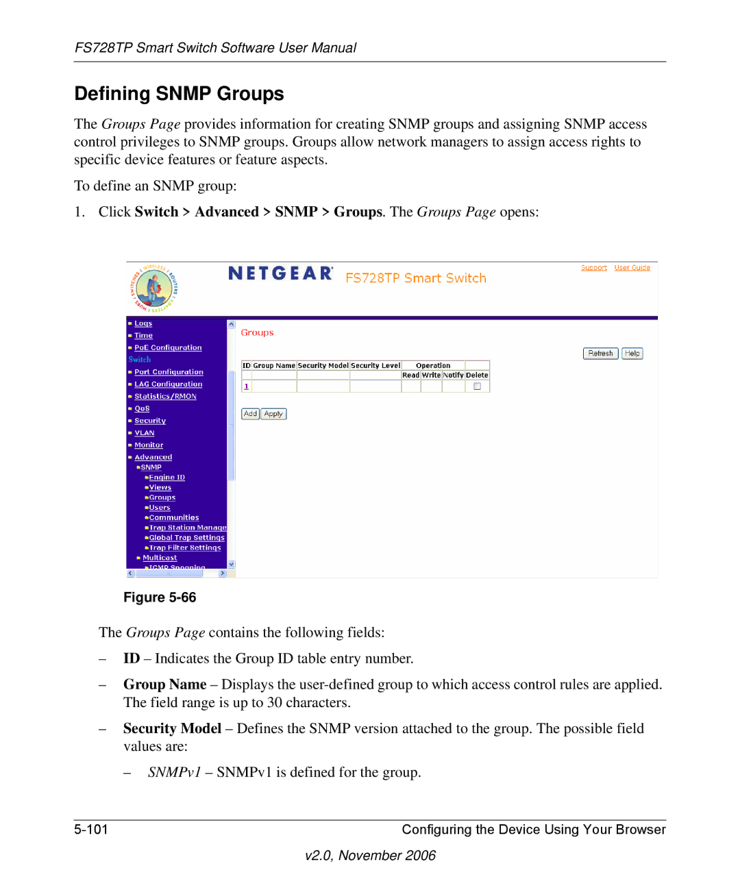 NETGEAR FS728TP manual Defining Snmp Groups, Click Switch Advanced Snmp Groups. The Groups Page opens 