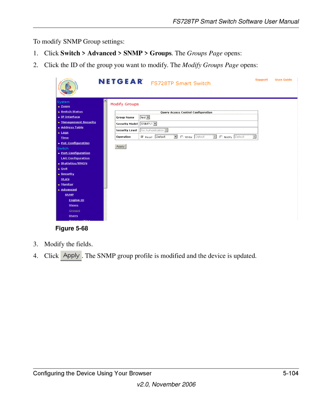 NETGEAR FS728TP manual To modify Snmp Group settings 