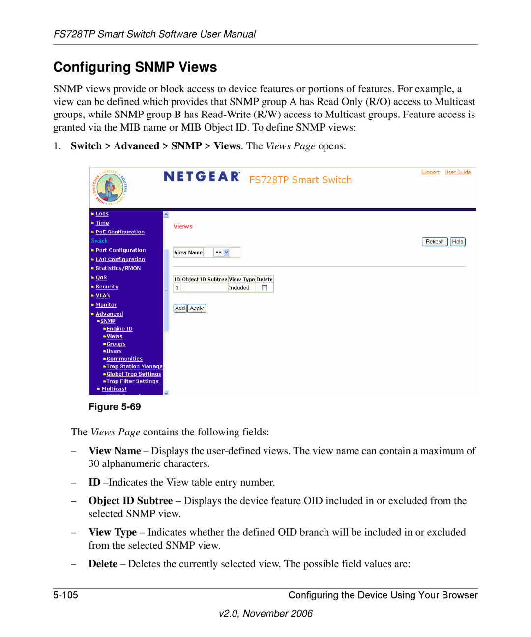 NETGEAR FS728TP manual Configuring Snmp Views, Switch Advanced Snmp Views. The Views Page opens 