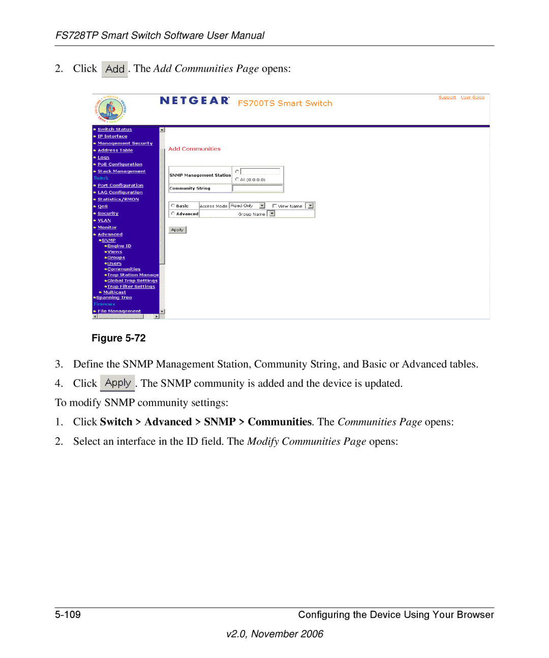 NETGEAR FS728TP manual Click . The Add Communities Page opens 