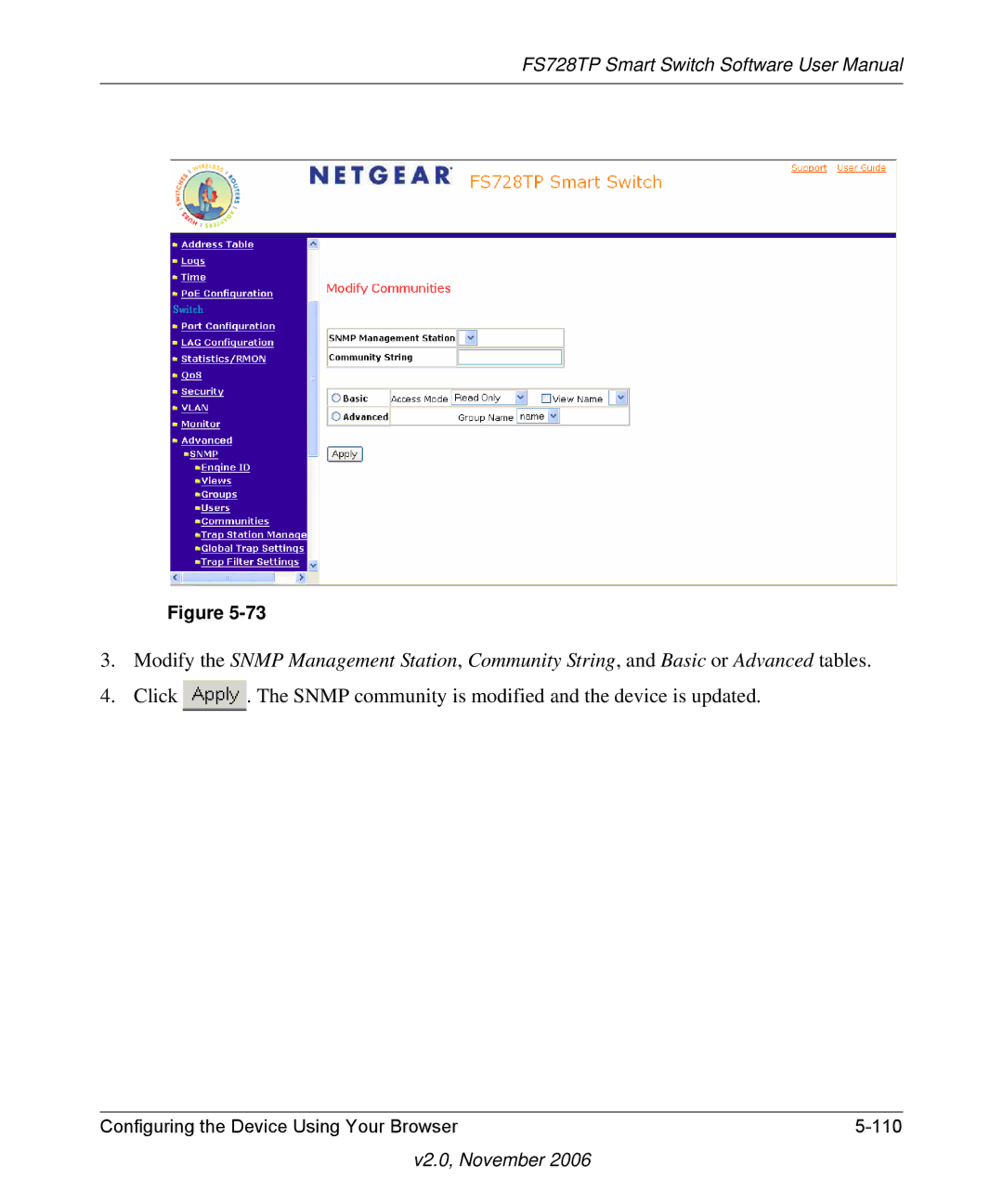 NETGEAR FS728TP manual Click Snmp community is modified and the device is updated 