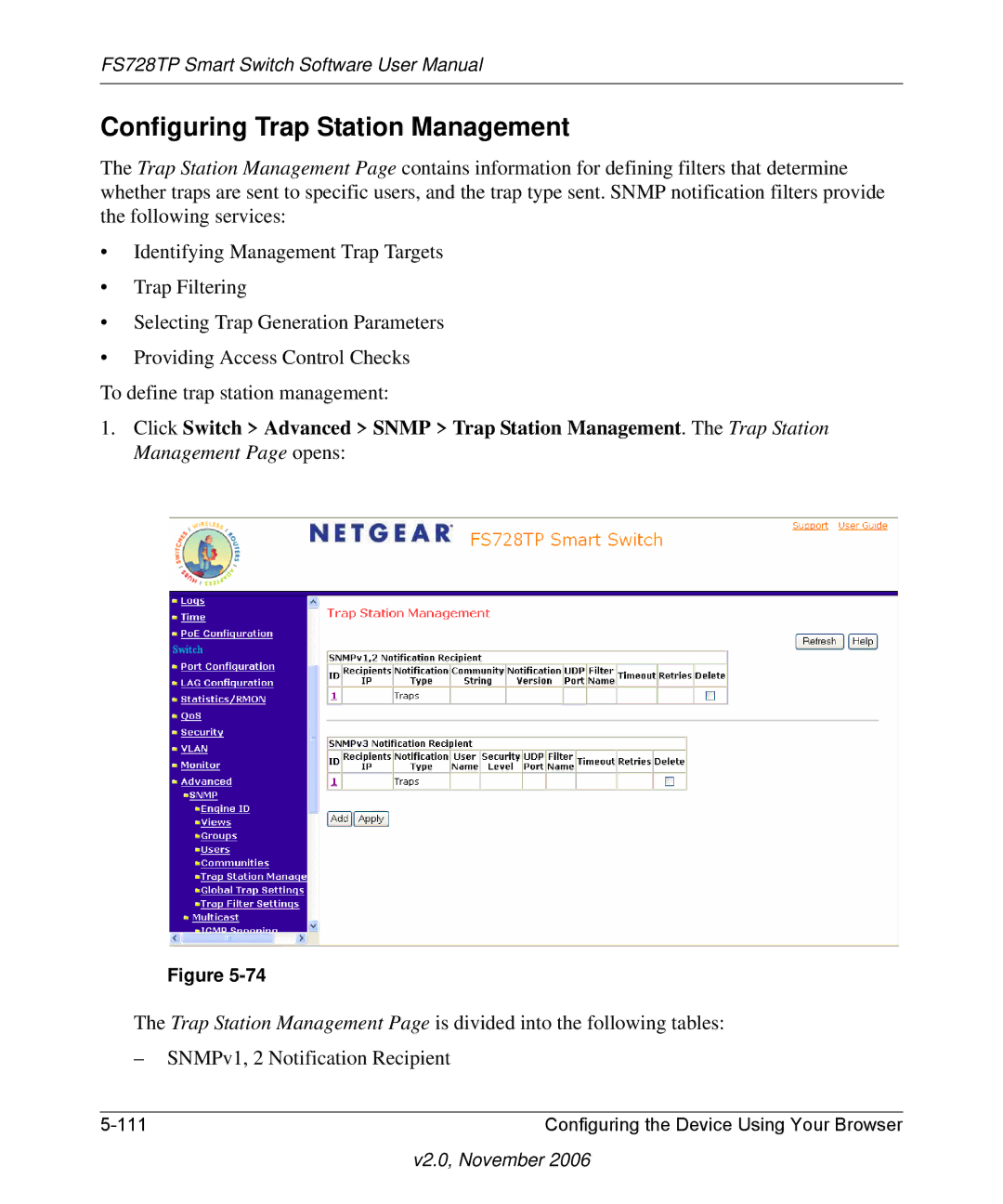 NETGEAR FS728TP manual Configuring Trap Station Management 