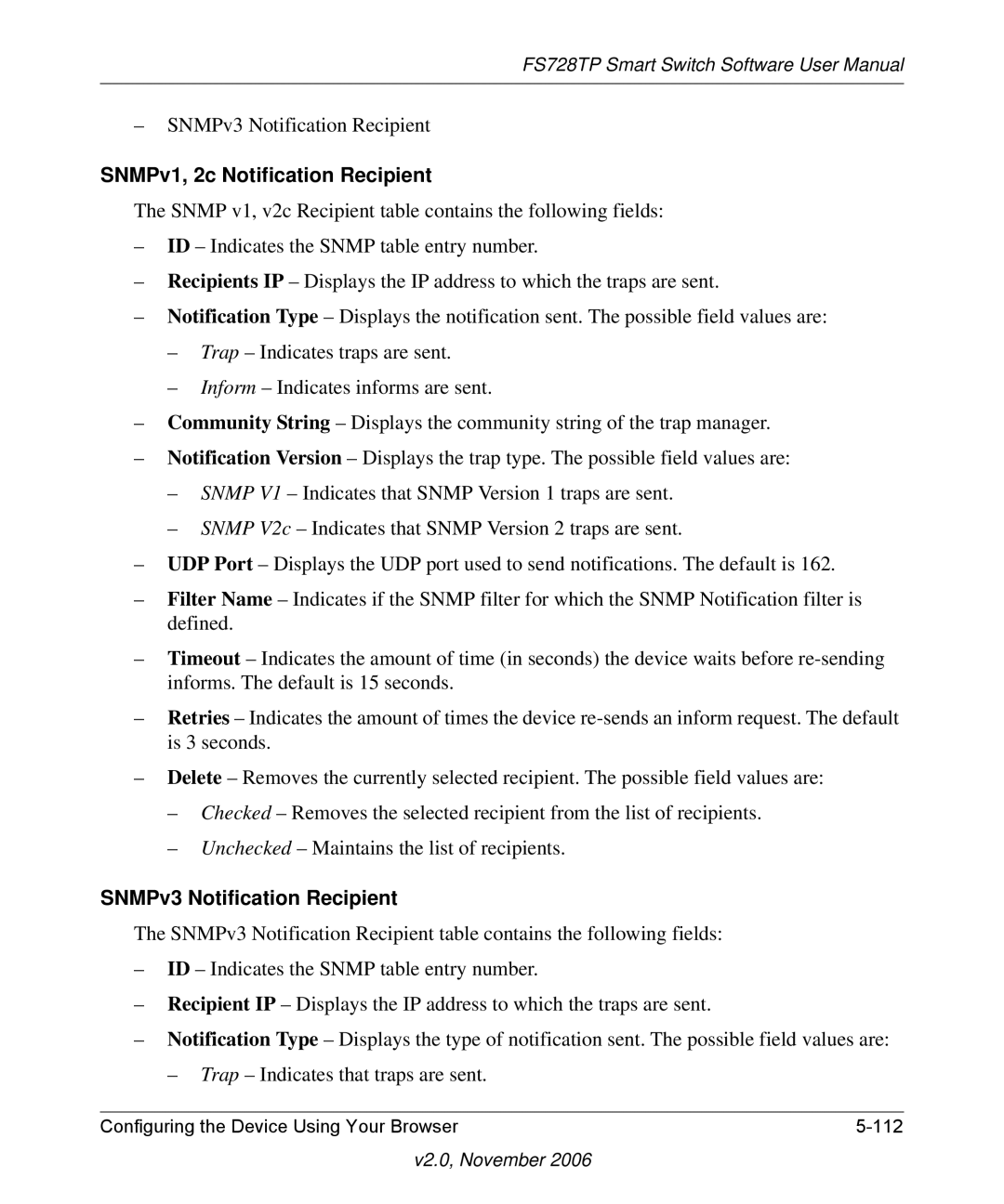 NETGEAR FS728TP manual SNMPv1, 2c Notification Recipient 