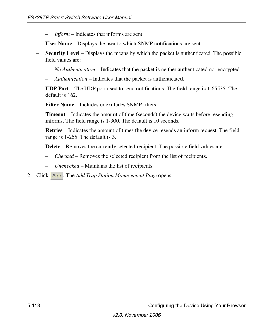 NETGEAR FS728TP manual Click . The Add Trap Station Management Page opens 