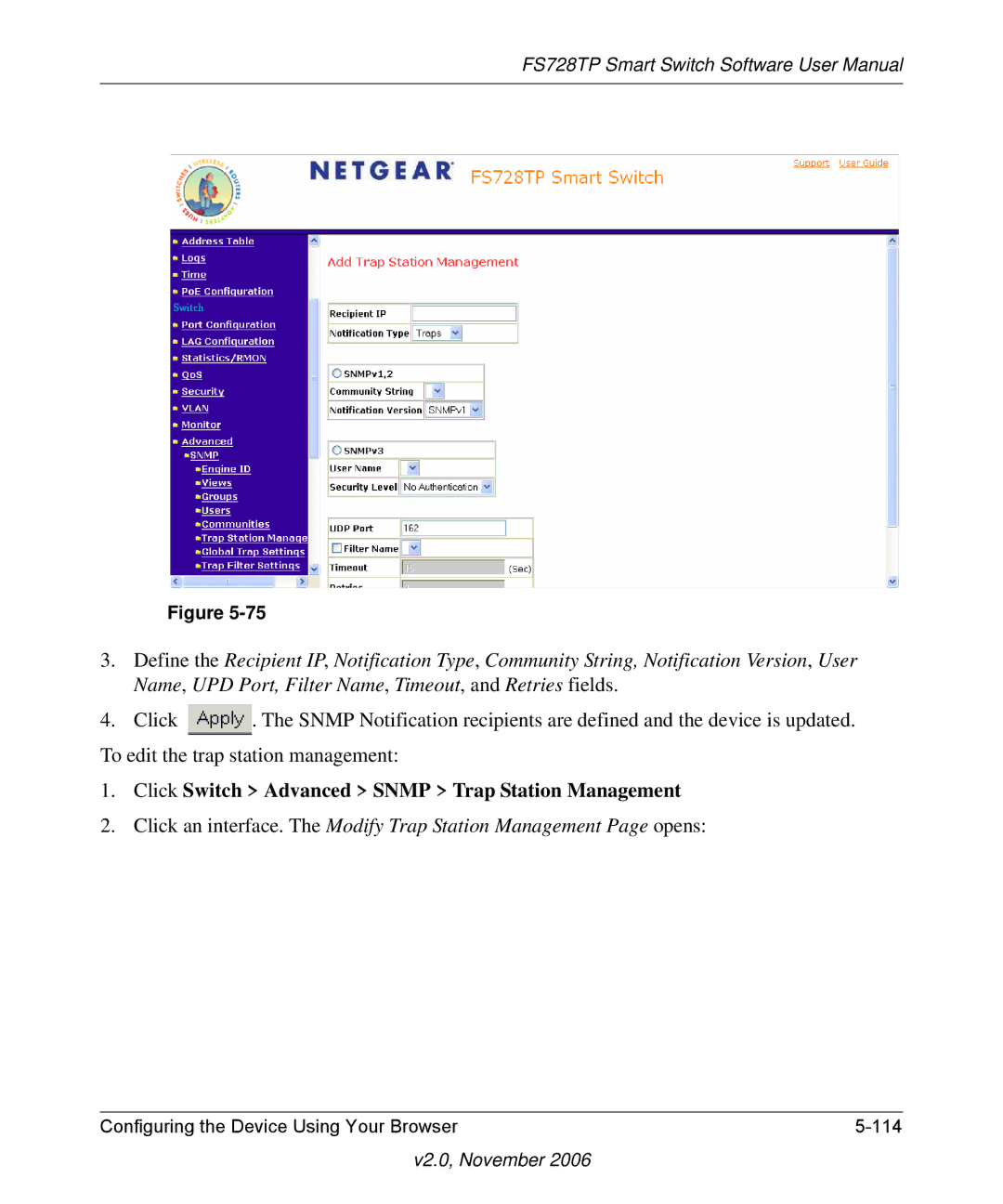 NETGEAR FS728TP manual Click Switch Advanced Snmp Trap Station Management 