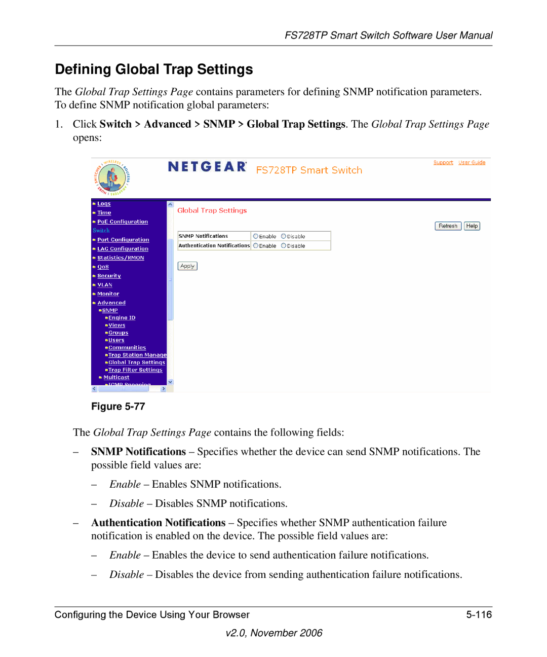 NETGEAR FS728TP manual Defining Global Trap Settings 