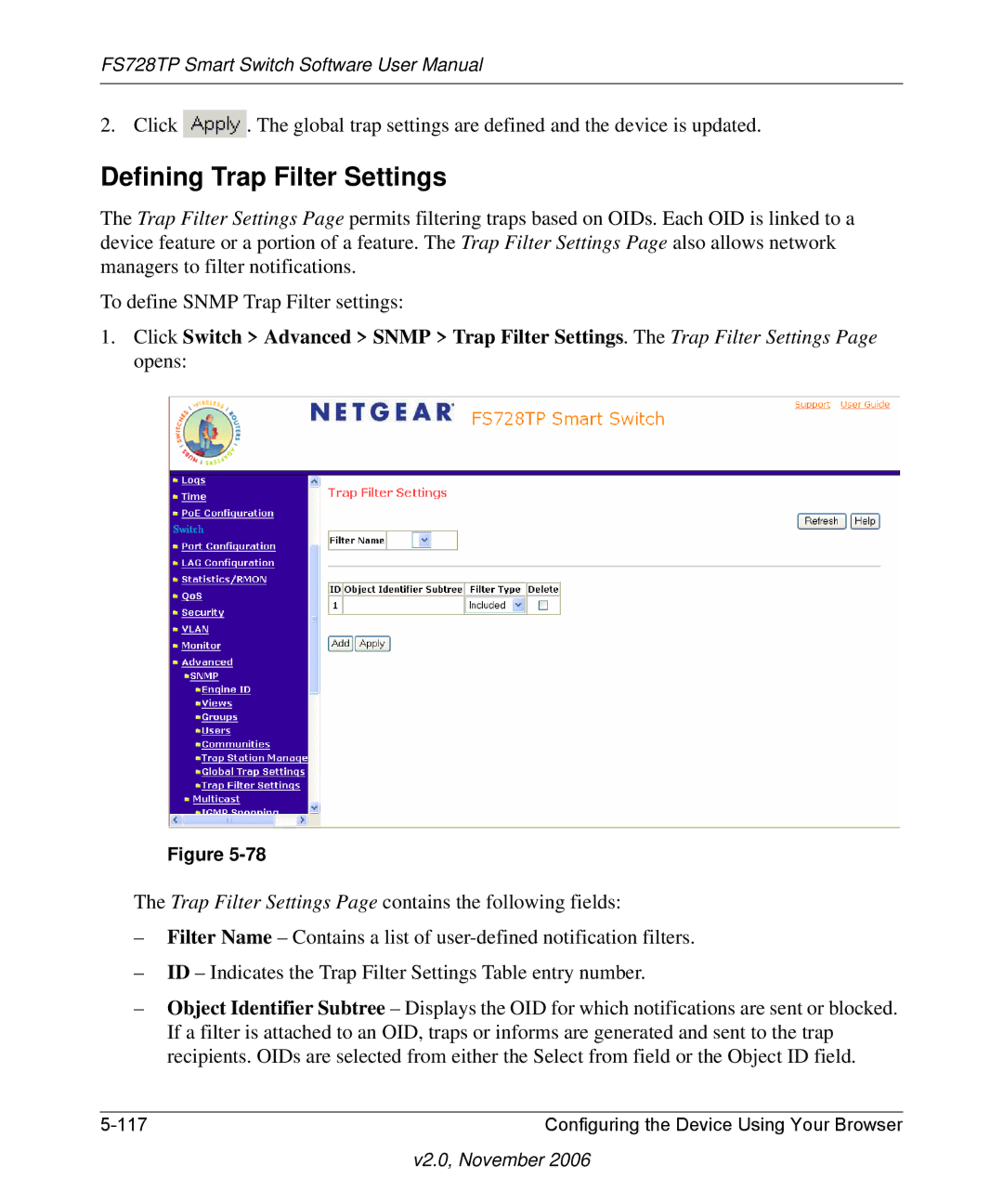 NETGEAR FS728TP manual Defining Trap Filter Settings 