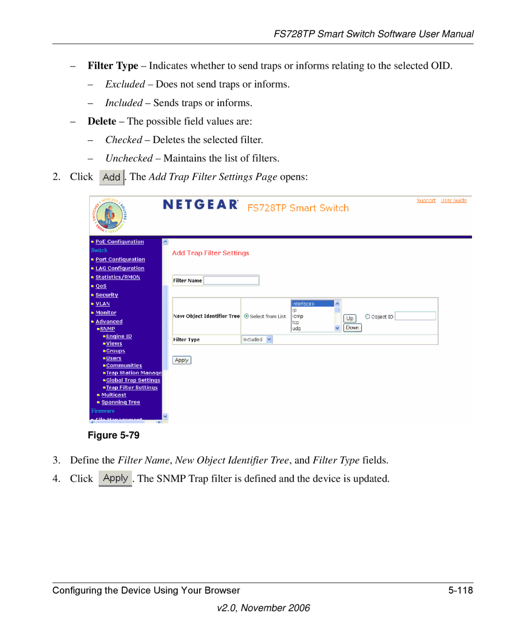 NETGEAR FS728TP manual Snmp Trap filter is defined and the device is updated 