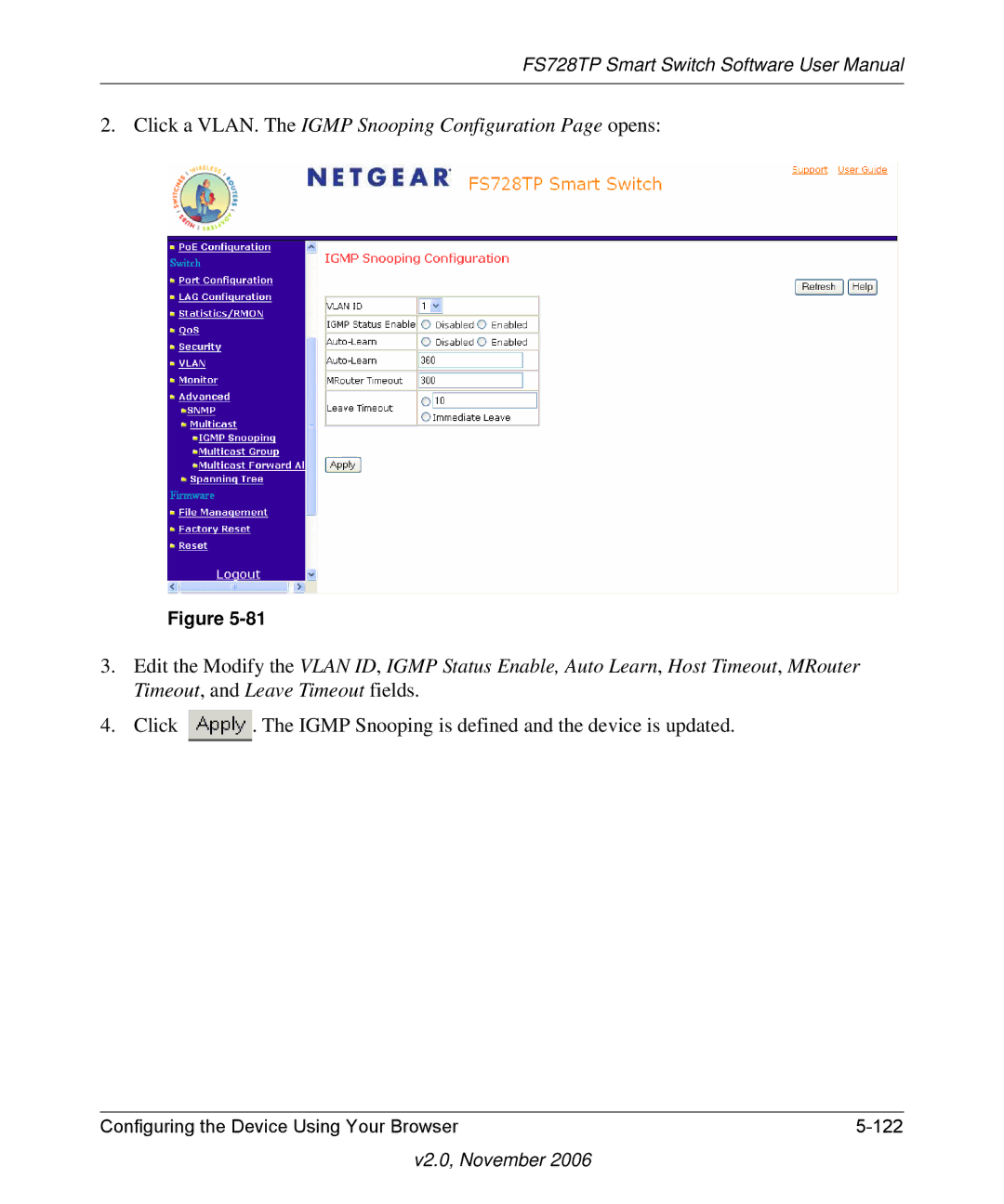 NETGEAR FS728TP manual Configuring the Device Using Your Browser 122 