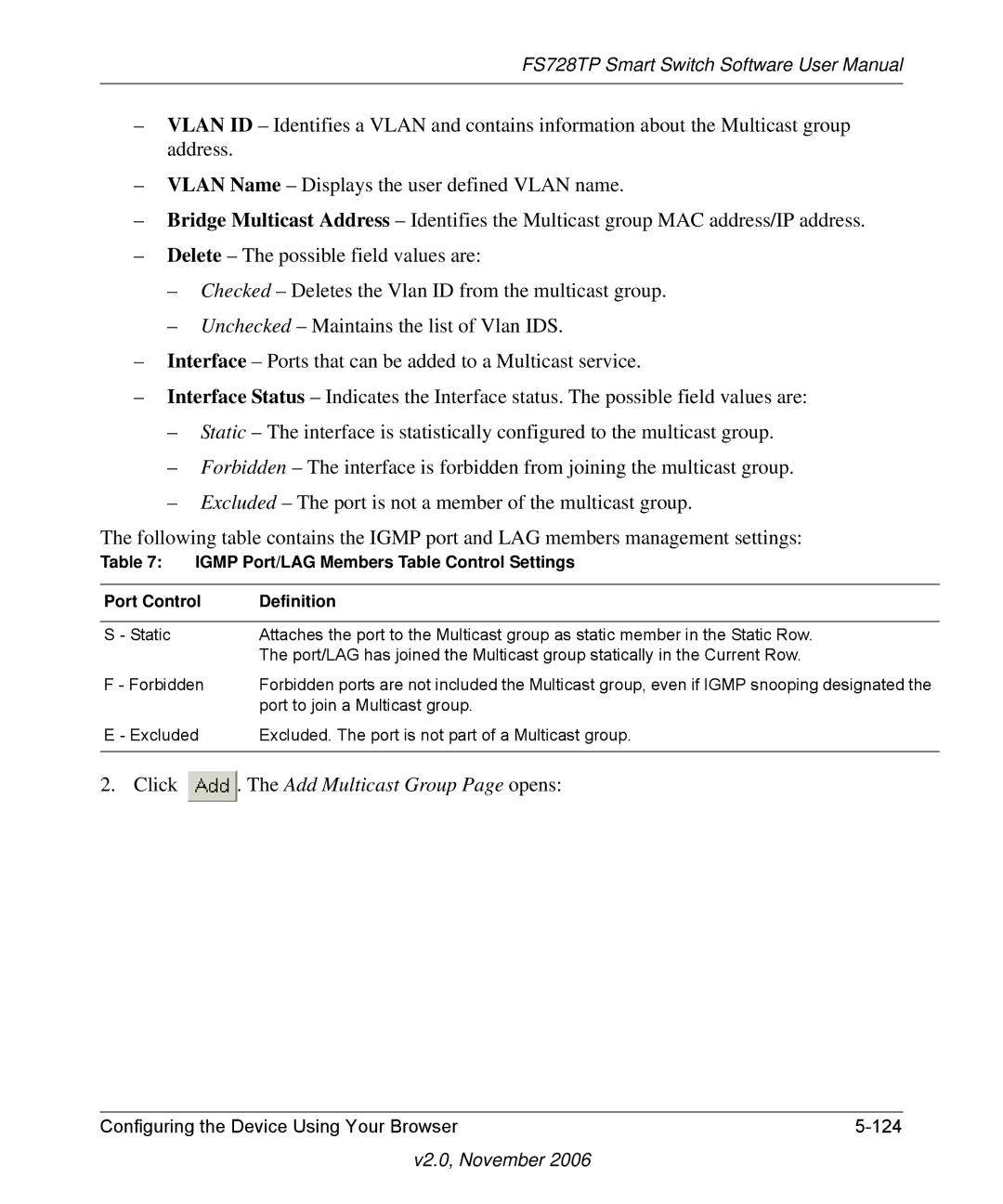 NETGEAR FS728TP manual Click . The Add Multicast Group Page opens 