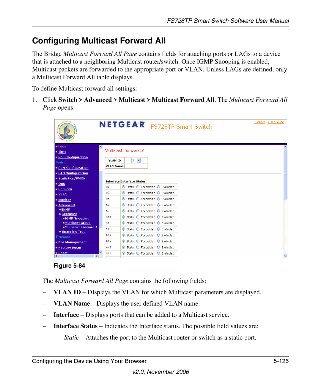 NETGEAR FS728TP manual Configuring Multicast Forward All 