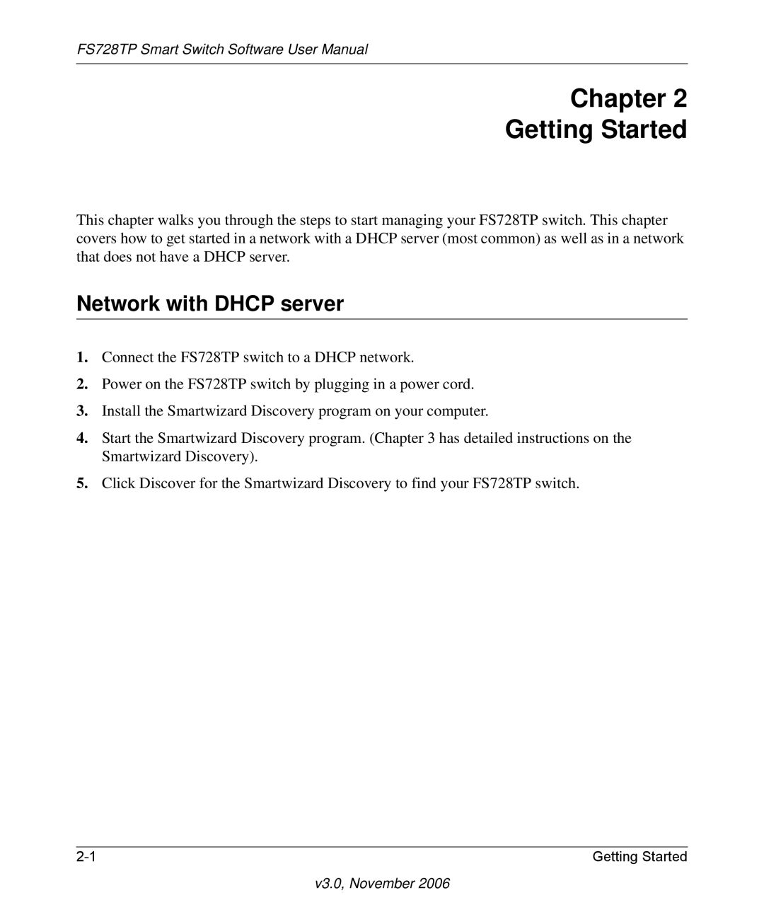 NETGEAR FS728TP manual Chapter Getting Started, Network with Dhcp server 