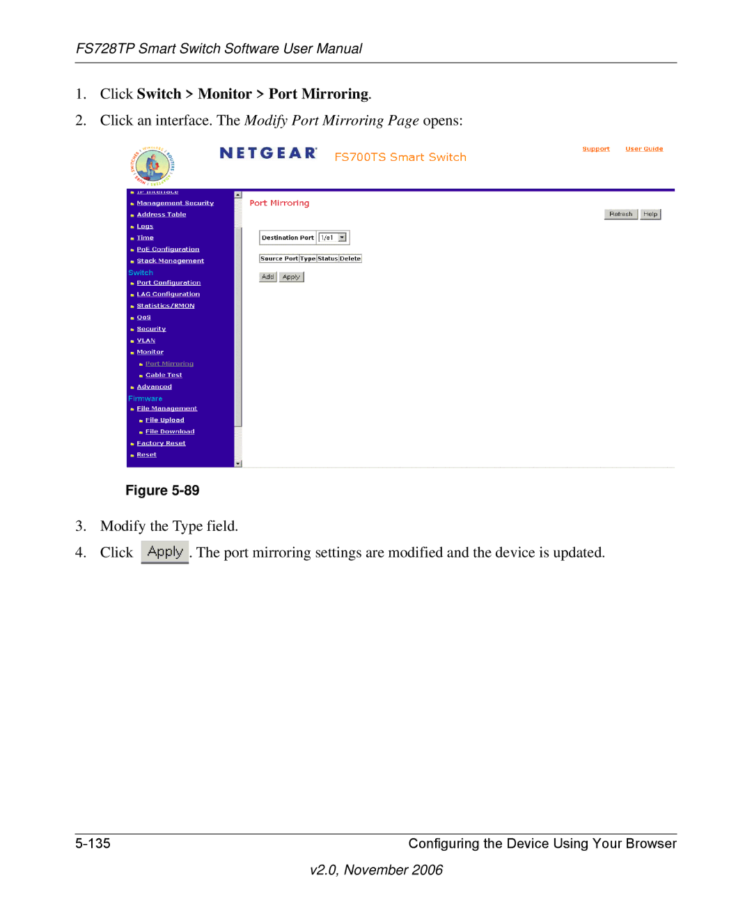 NETGEAR FS728TP manual Click Switch Monitor Port Mirroring 