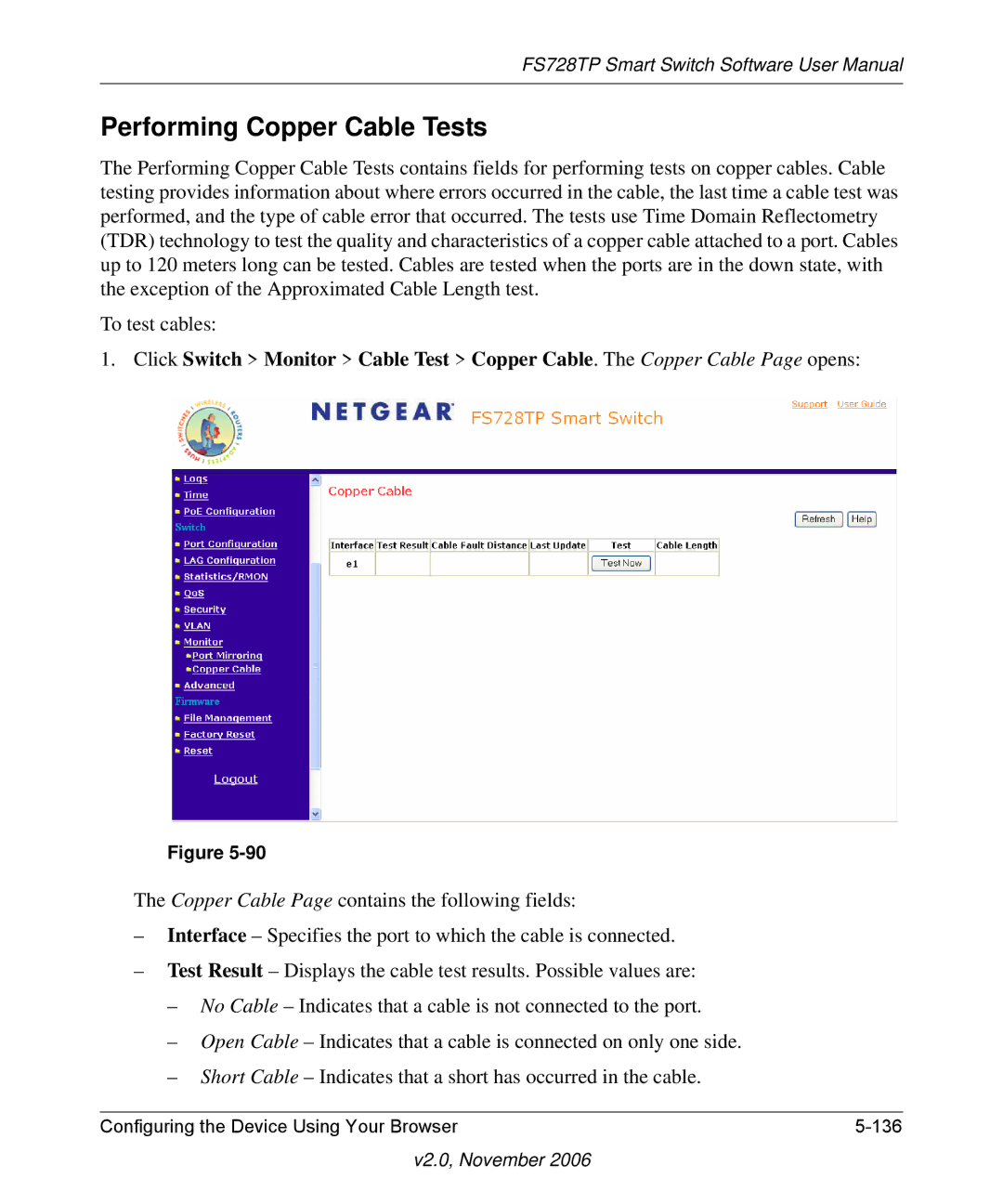 NETGEAR FS728TP manual Performing Copper Cable Tests 