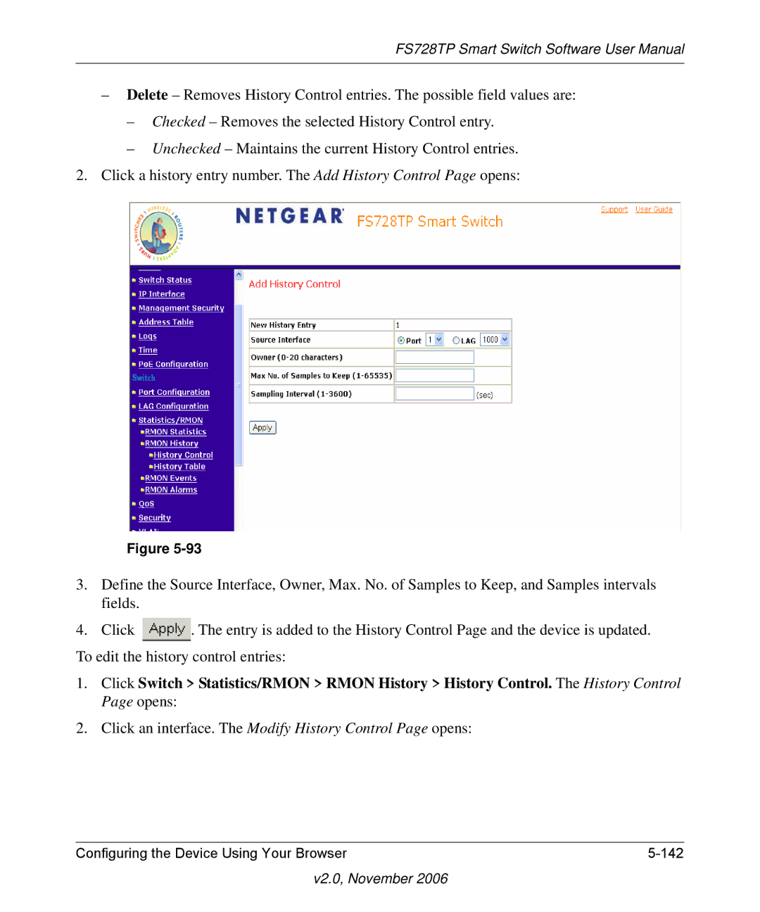 NETGEAR FS728TP manual Click an interface. The Modify History Control Page opens 