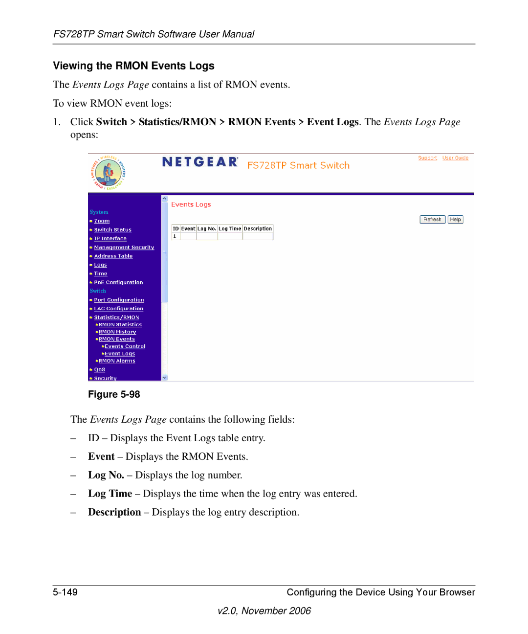 NETGEAR FS728TP manual Viewing the Rmon Events Logs 