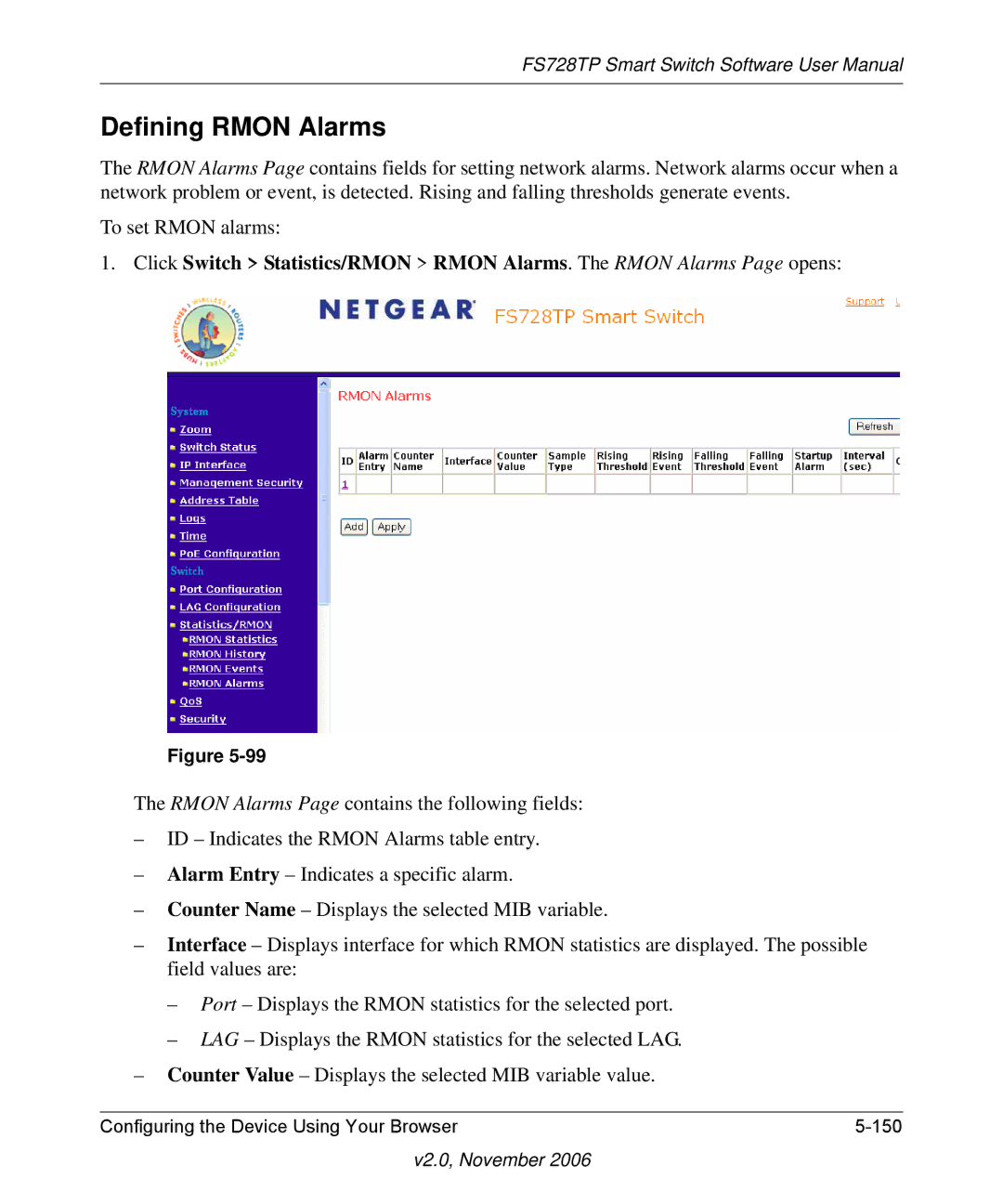 NETGEAR FS728TP manual Defining Rmon Alarms 