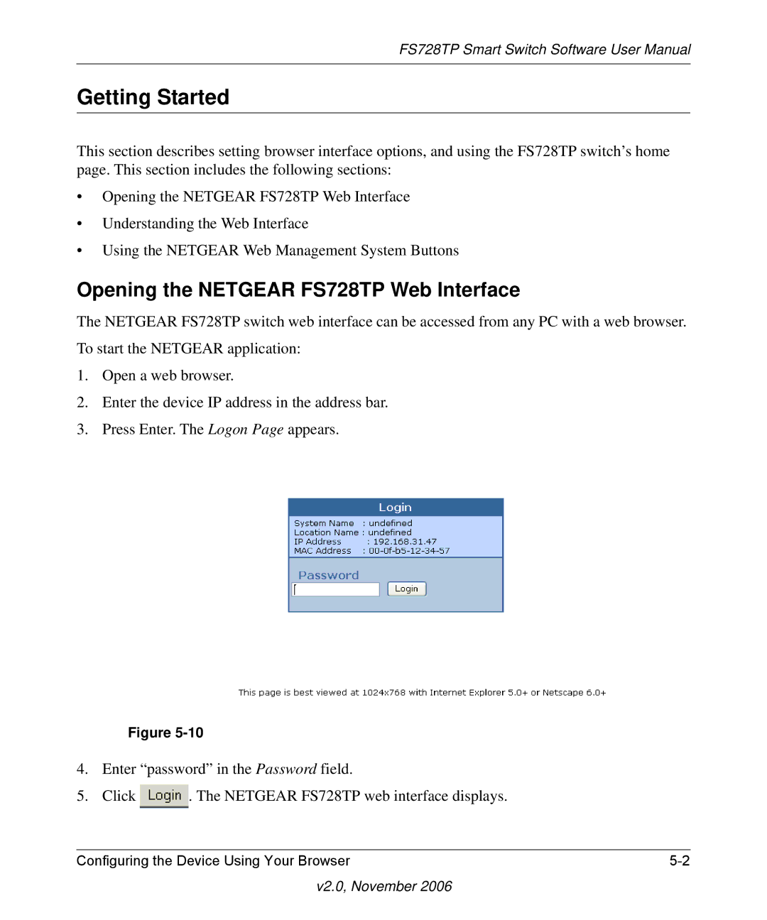 NETGEAR manual Getting Started, Opening the Netgear FS728TP Web Interface 