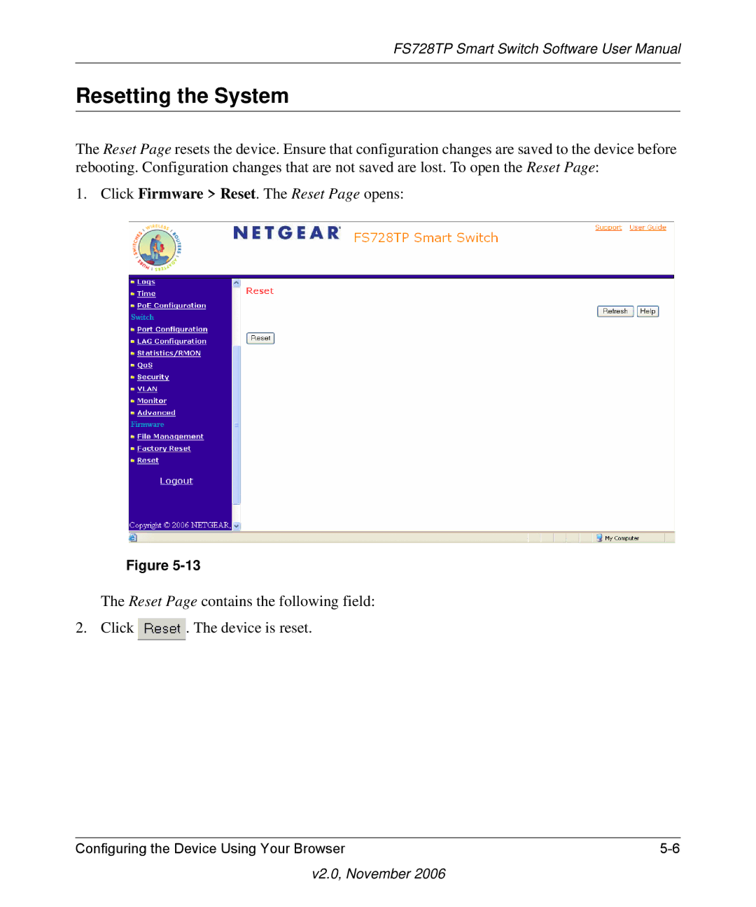 NETGEAR FS728TP manual Resetting the System 