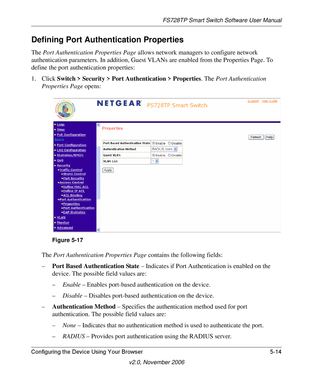 NETGEAR FS728TP manual Defining Port Authentication Properties 