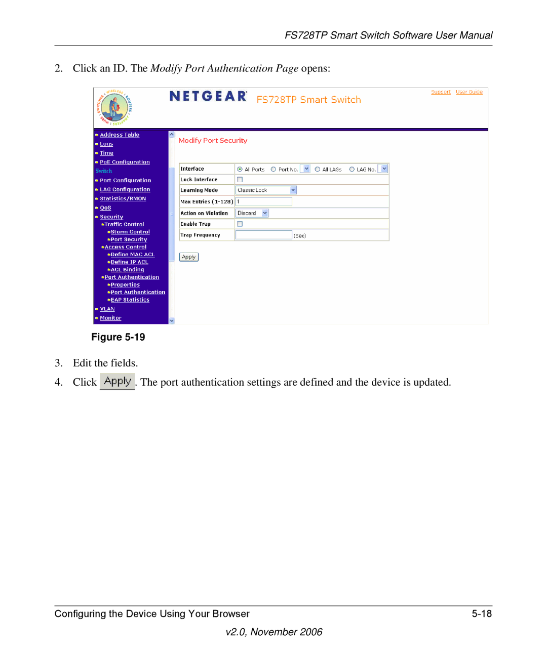 NETGEAR FS728TP manual Click an ID. The Modify Port Authentication Page opens 