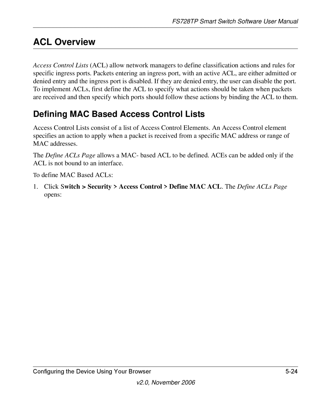 NETGEAR FS728TP manual ACL Overview, Defining MAC Based Access Control Lists 