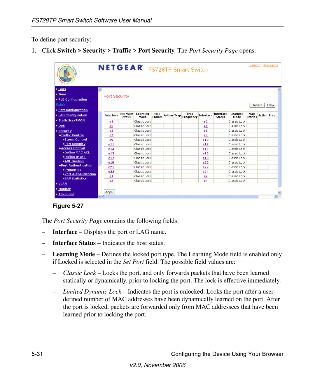 NETGEAR FS728TP manual To define port security 