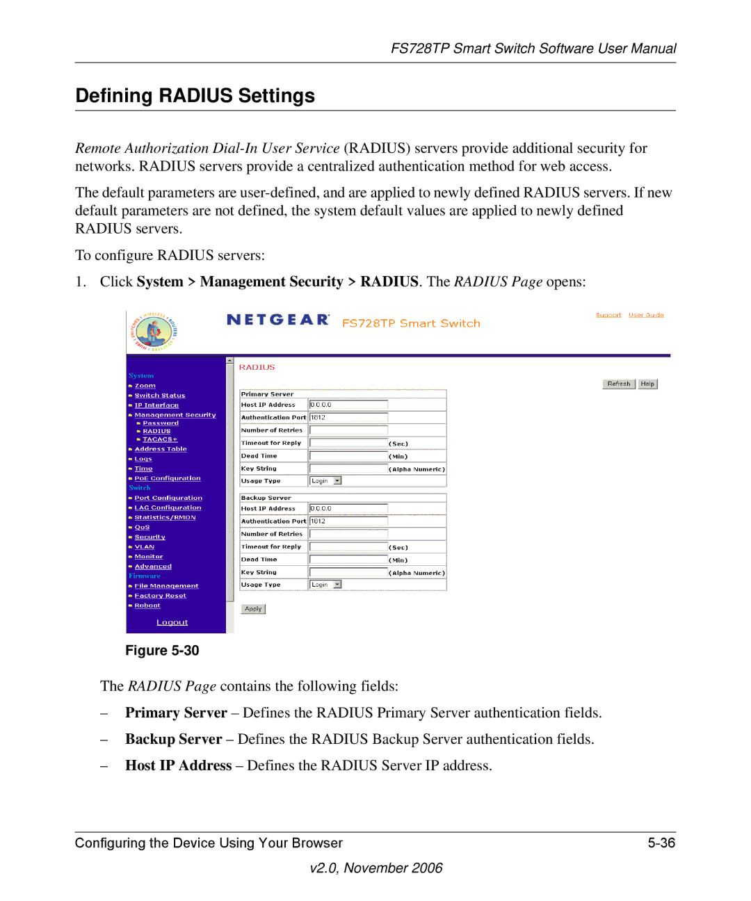 NETGEAR FS728TP manual Defining Radius Settings 