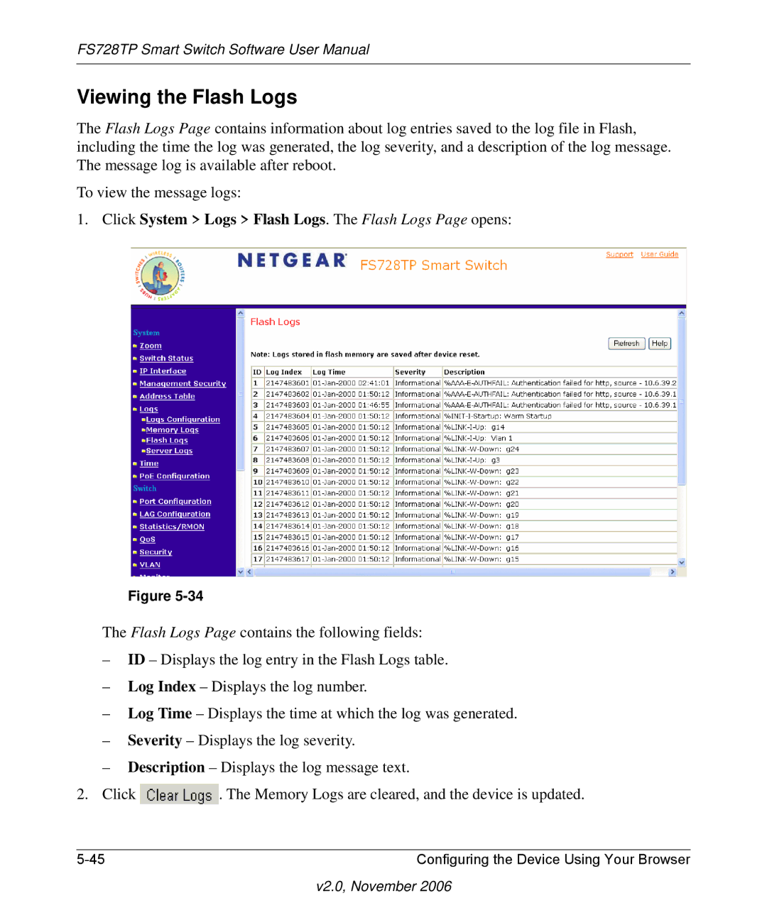 NETGEAR FS728TP manual Viewing the Flash Logs, Click System Logs Flash Logs. The Flash Logs Page opens 