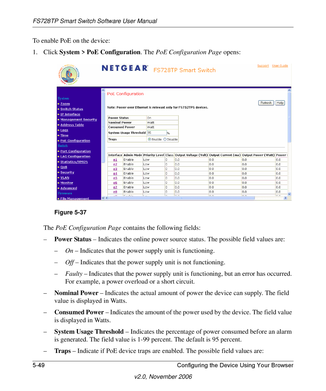 NETGEAR FS728TP manual To enable PoE on the device 