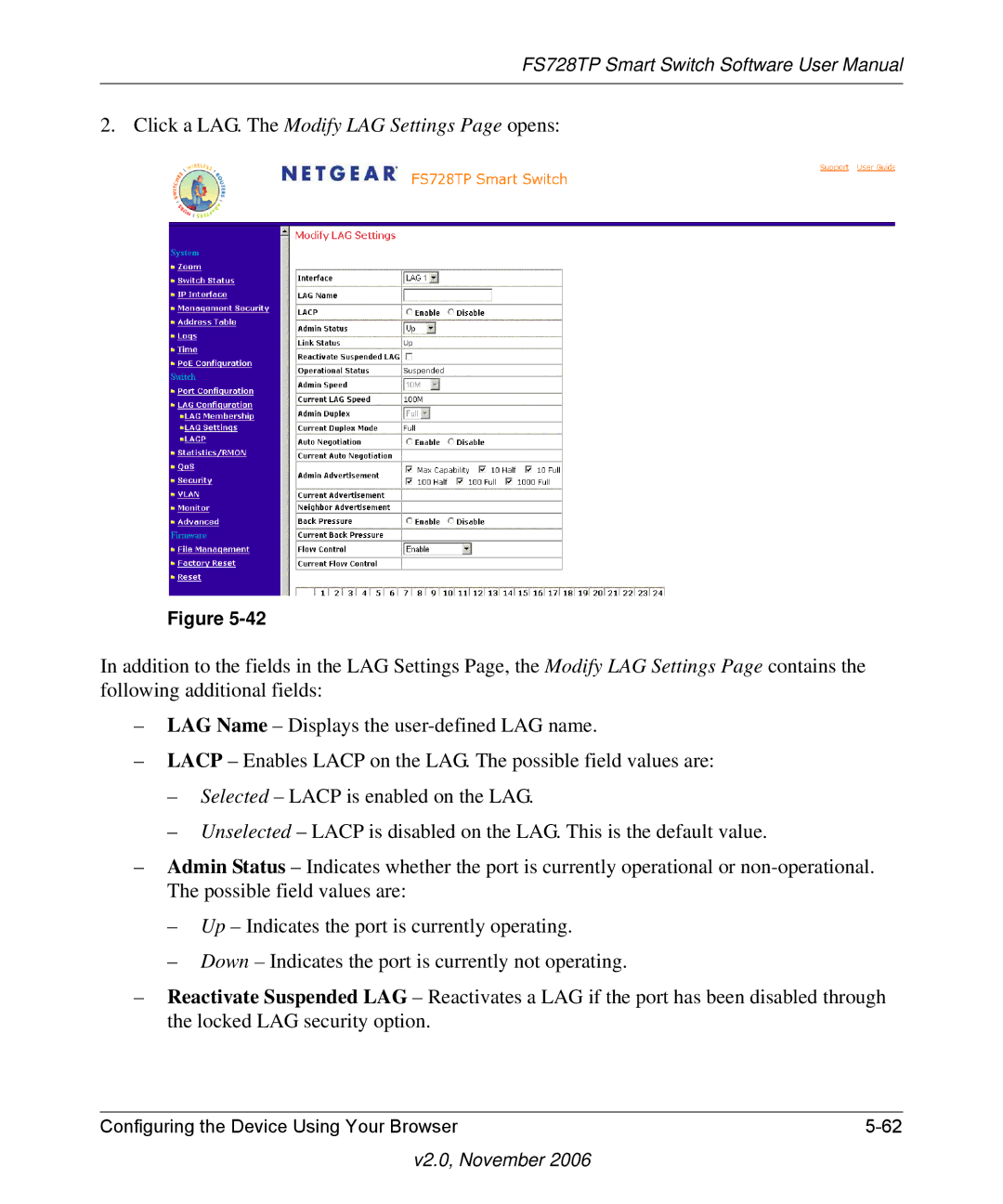 NETGEAR FS728TP manual Click a LAG. The Modify LAG Settings Page opens 