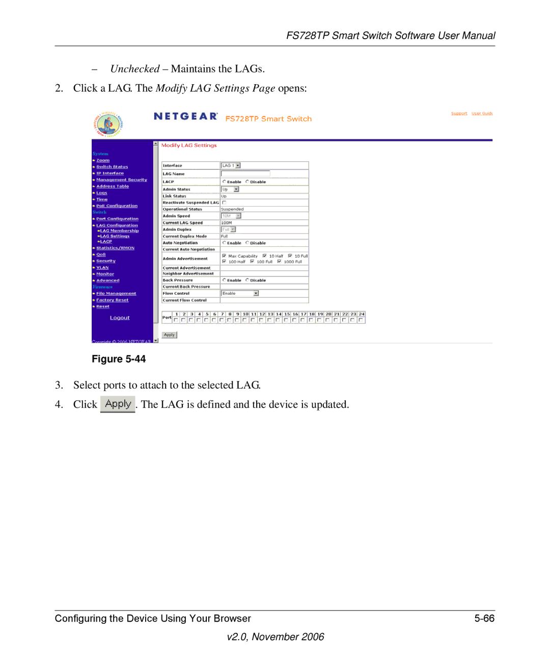 NETGEAR FS728TP manual Unchecked Maintains the LAGs 