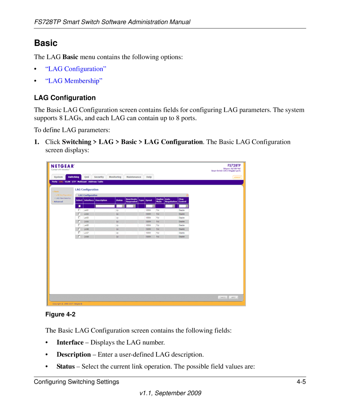 NETGEAR FS728TP manual Basic, LAG Configuration 