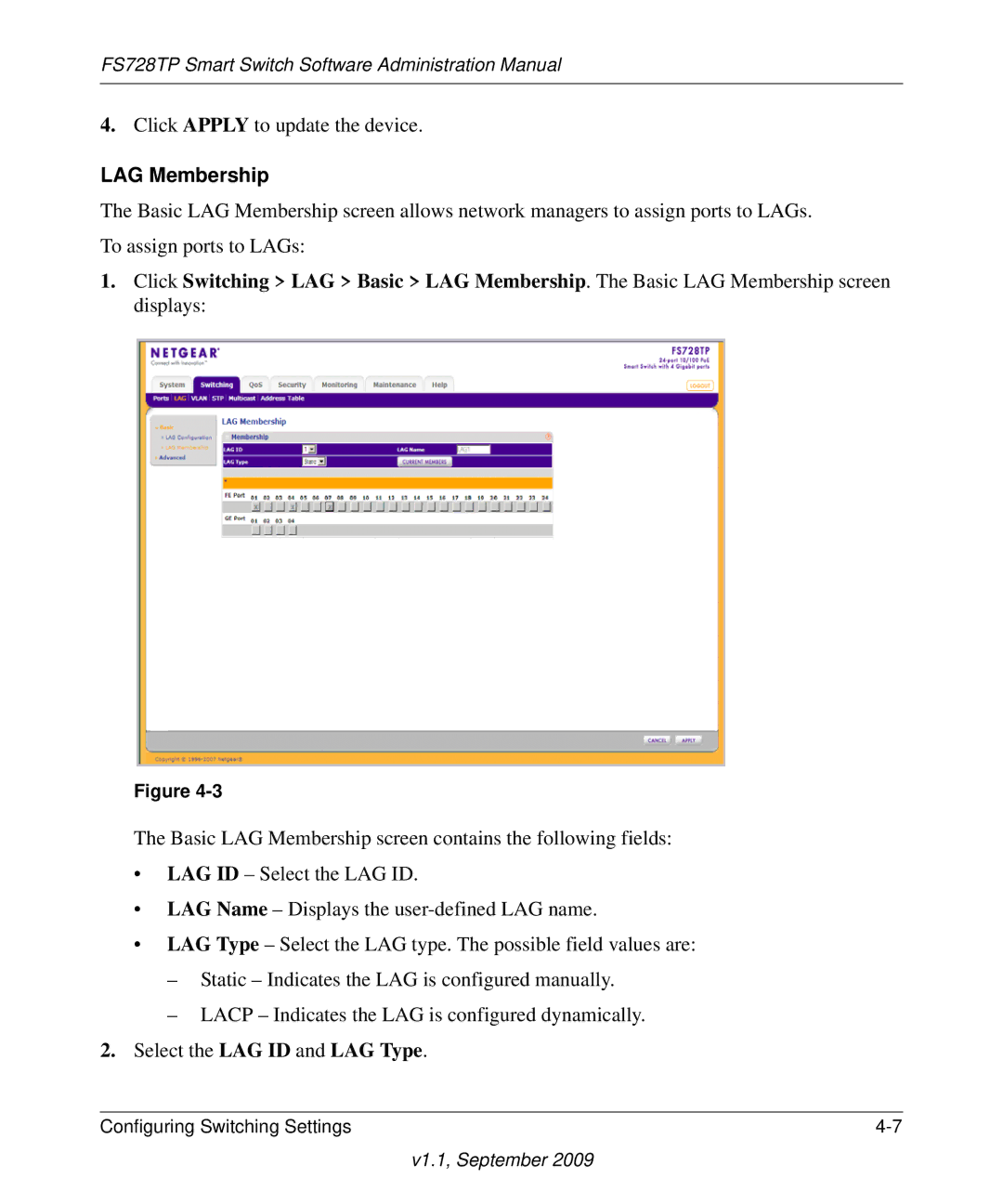 NETGEAR FS728TP manual LAG Membership 