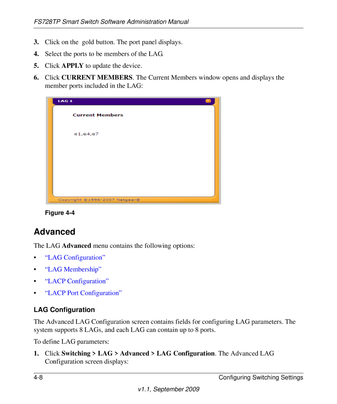 NETGEAR FS728TP manual LAG Advanced menu contains the following options 