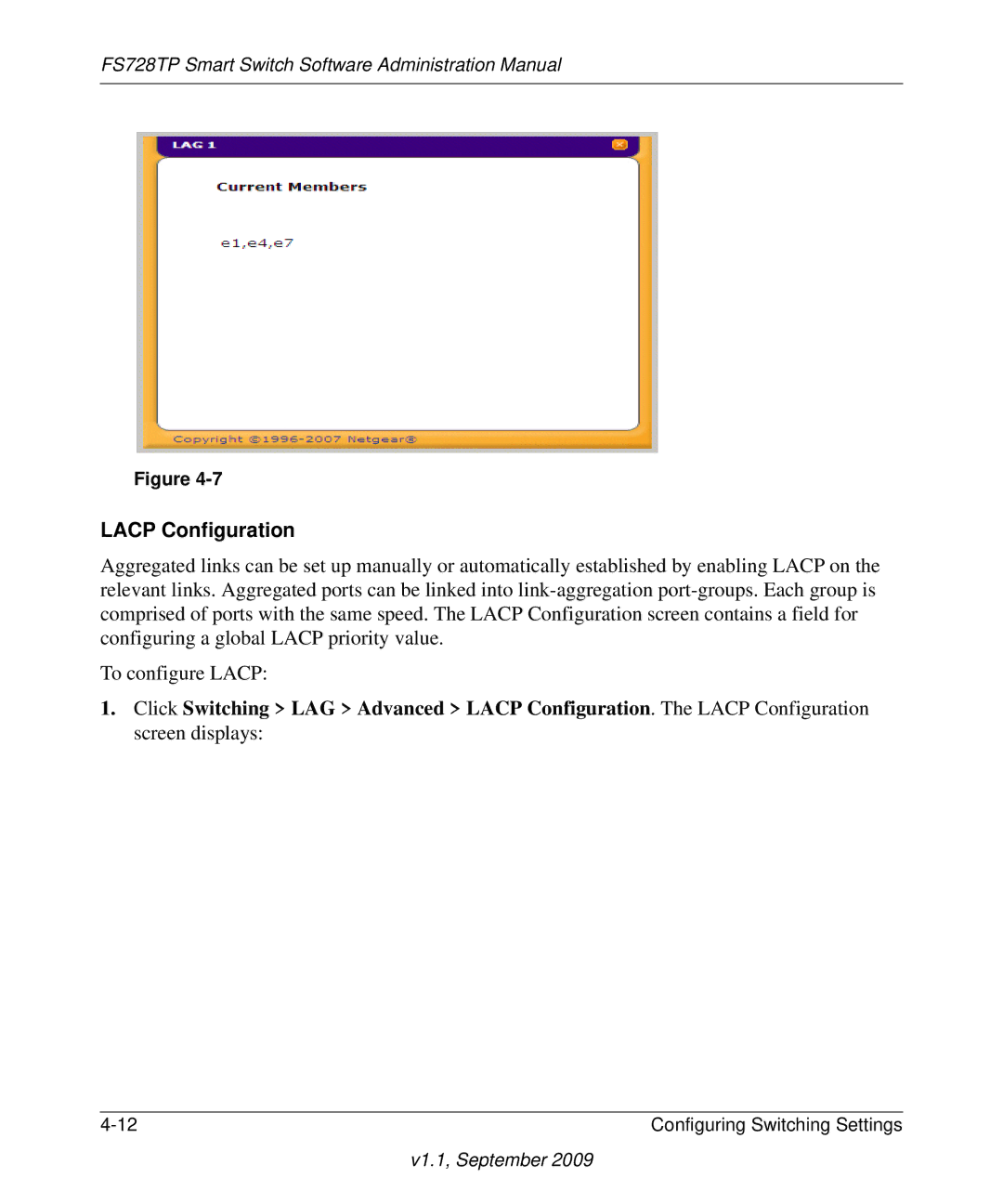 NETGEAR FS728TP manual Lacp Configuration 