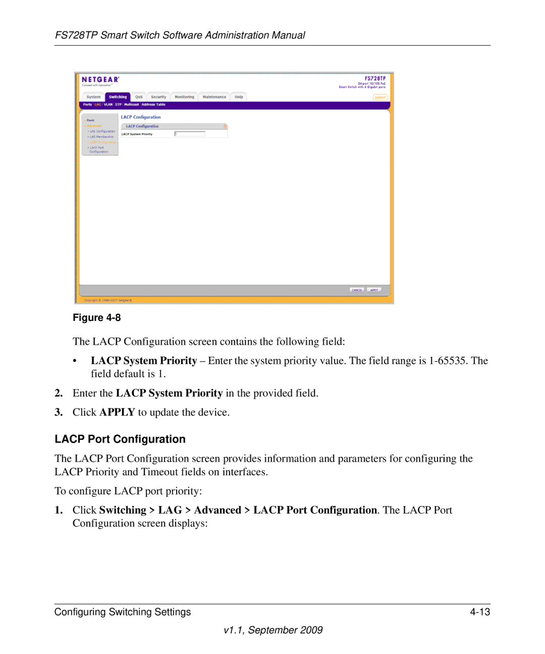 NETGEAR FS728TP manual Lacp Port Configuration 