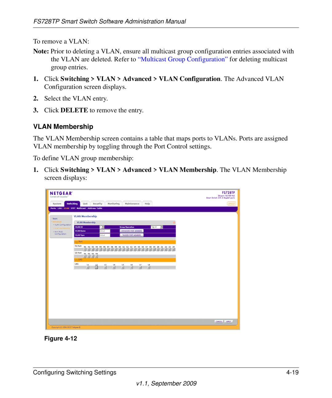 NETGEAR FS728TP manual Vlan Membership 