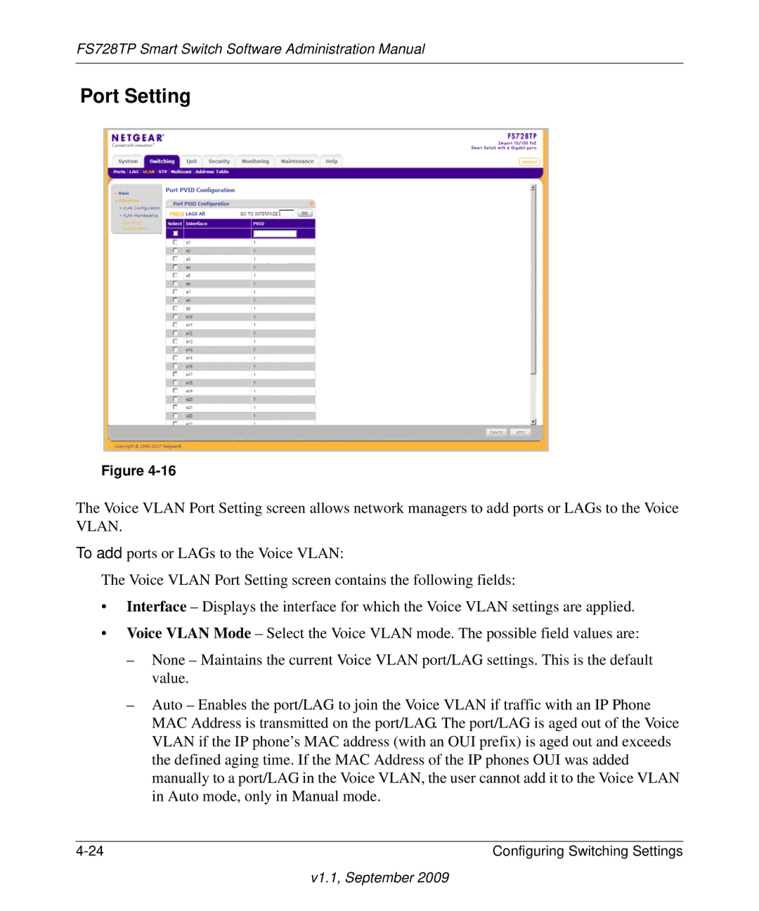 NETGEAR FS728TP manual Port Setting 