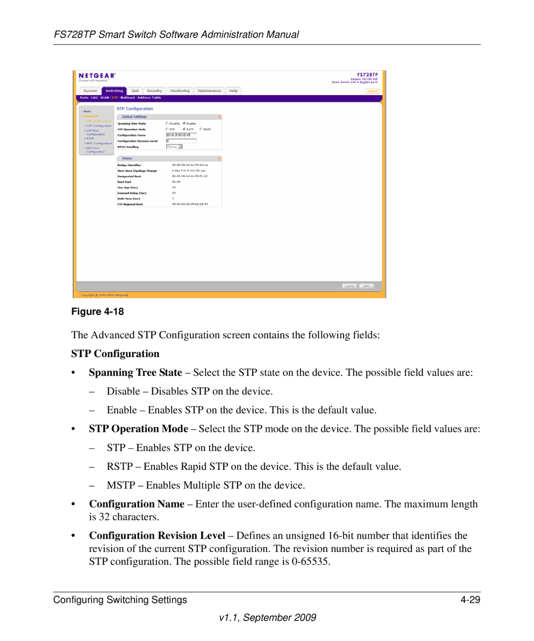 NETGEAR FS728TP manual STP Configuration 