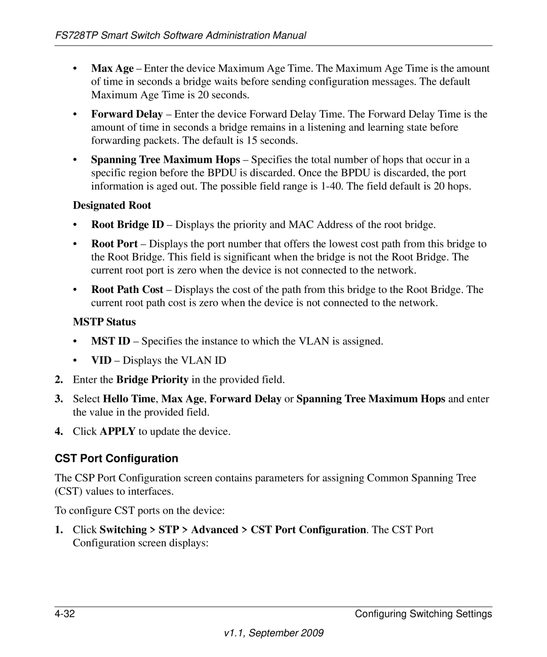 NETGEAR FS728TP manual Designated Root, Mstp Status, CST Port Configuration 