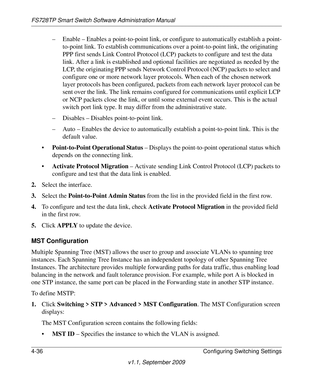 NETGEAR FS728TP manual MST Configuration 