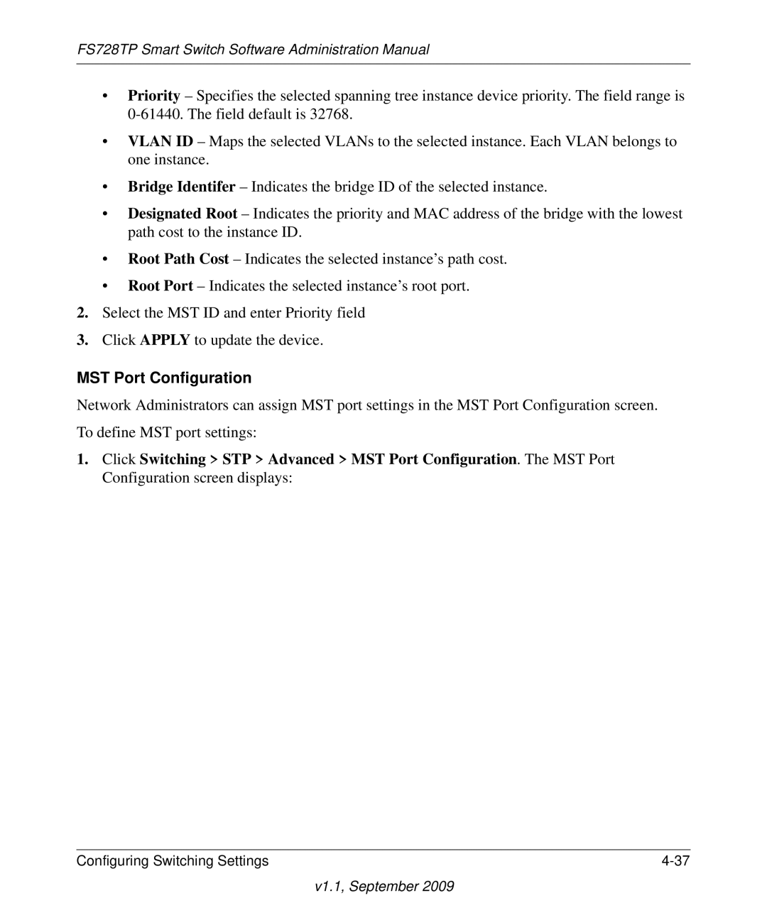 NETGEAR FS728TP manual MST Port Configuration 